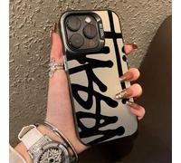 Shein 1 pieza Funda de teléfono de metal con botón y dibujo de línea de moda, resistente a caídas y mate, compatible con iPhone