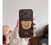 Shein 1 pieza Funda de teléfono de oso de lujo personalizada con cuero con estampado de lichis bordado, personalizable con iniciales y nombre, apta para tel