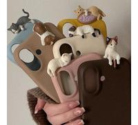 Shein 1 pieza Funda de teléfono de piel genuina con diseño de gato 3D lindo durmiendo y patrón de lichis, funda trasera suave compatible con iPhone 17 Air 1