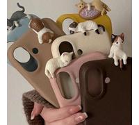 Shein 1 pieza Funda de teléfono de piel genuina con diseño de gato 3D lindo durmiendo y patrón de lichis, funda trasera suave para iPhone 17 Air 16 15 13 14