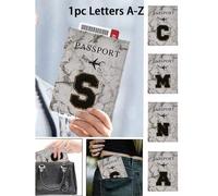 Shein 1 pieza Funda protectora de pasaporte bordada con toalla negra con las primeras letras de la A a la Z impresas, Cartera de pasaporte para mujeres y ho