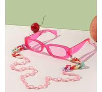 Shein 1 pieza Gafas de moda rectangulares rosas de acrílico con efecto dopamina para niñas de 9 a 14 años y 1 cadena para gafas con cierre de estilo bohemio