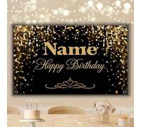 Shein 1 pieza Globo con brillo negro y dorado personalizable con nombre Feliz cumpleaños Fondo de pantalla Diseño de banner con lentejuelas doradas Adecuado