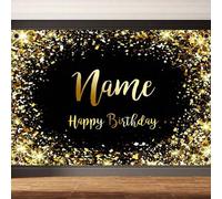 Shein 1 pieza Globo con brillo negro y dorado personalizable con nombre Feliz cumpleaños Fondo de pantalla Diseño de banner con lentejuelas doradas Adecuado