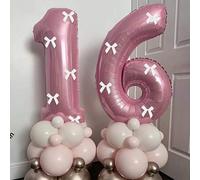 Shein 1 pieza Globo de número de 32 pulgadas de color rosa perlado y set de 5 piezas de lazos blancos, adecuado para decoración de boda, cumpleaños, anivers