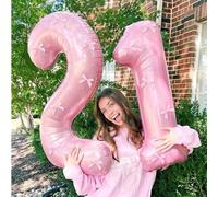 Shein 1 pieza Globo de número de lámina de color rosa claro de 32 pulgadas y 5 piezas de cintas de satén rosa, globos decorativos para cumpleaños, aniversar