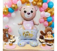 Shein 1 pieza Globo de osito de peluche con base de corona rosa/azul para mi bebé, excelente para baby showers, fiestas de ositos de peluche, revelación de
