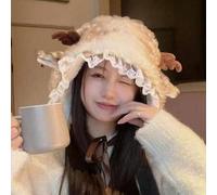 Shein 1 pieza Gorro con capucha estilo bosque para niñas, de peluche, lindo, con patchwork de encaje, renos y orejas de astas 3D, juguetón y dulce, cálido p