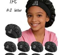 Shein 1 pieza Gorro de dormir de satén rosa con diseño de letras A-Z para niños - Gorro de dormir ajustado, protección del cabello, diseño súper suave y tra