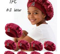 Shein 1 pieza Gorro de dormir de satén rosa con diseño de letras A-Z para niños - Gorro de dormir ajustado, protección del cabello, diseño súper suave y tra