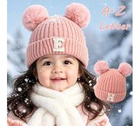 Shein 1 pieza Gorro de lana de punto de doble capa grueso para bebé de 0-3 años, A-Z, cálido de invierno, gorro de bebé recién nacido para niñas con doble p