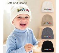 Shein 1 pieza Gorro de punto con bordado de coche lindo, puño acanalado de alta elasticidad, adecuado para niños de 1-3 años, grueso y suave, gorro cálido p