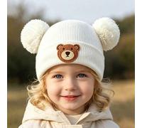 Shein 1 pieza Gorro de punto con puño bordado con oso de dibujos animados lindo para niños, gorro de lana cálido con doble pompón de moda unisex para bebé p