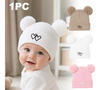 Shein 1 pieza Gorro de punto de felpa para otoño/invierno, gorro cálido de esquí para bebé unisex, gorro de punto a prueba de frío con doble corazón lindo p
