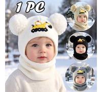 Shein 1 pieza Gorro de punto para bebé y niño pequeño de 0-8 años con doble pompón, bordado de excavadora, para niña y niño, gorro de invierno cálido tipo p