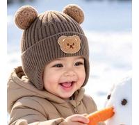 Shein 1 pieza Gorro de punto protector de orejas para niños, 1-4 años, con pompones dobles esponjosos y bordado de oso, gorro de invierno cálido, adecuado p