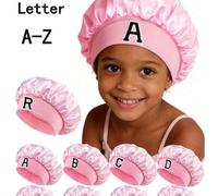 Shein 1 pieza Gorro de satén rosa con diseño de letras A-Z para niños - Gorro para dormir ajustado, protector del cabello, diseño ultra suave y transpirable