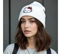 Shein 1 pieza Gorro tejido lindo y de moda de Hello Kitty, gorro de punto grueso y cálido, gorra de peluche simple con protección para las orejas, adecuado