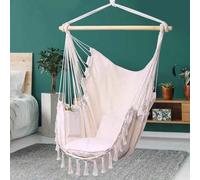 Shein 1 pieza Hamaca blanca/negra + Soporte de madera sólida + 2 Almohadas + Cuerda de carga Hamaca panorámica para exteriores Silla colgante con borlas Ham