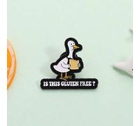Shein 1 pieza Insignia de esmalte con diseño de animal lindo y divertido de un pato sosteniendo pan tostado con la pregunta "¿Esto es sin gluten?". Broche d