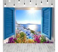 Shein 1 pieza Inspirado en Mamma Mia Fondo de fiesta - Persianas azules griegas con el mar y flores en flor, Telón de fondo de fotografía de poliéster, Adec