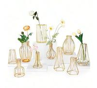 Shein 1 pieza Jarrón metálico geométrico dorado, jarrón floral para decoración del hogar, soporte metálico hidropónico con tubo de ensayo, jarrón moderno ap