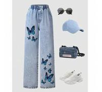 Shein 1 pieza Jeans de pierna recta para niñas preadolescentes, diseño americano "The Blue Butterfly", otoño/invierno