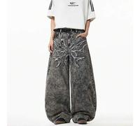 Shein 1 pieza Jeans holgados de pierna ancha con bordado de "Hermano de la Justicia" para hombre