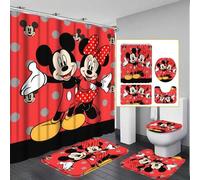 Shein 1 pieza Juego de baño de 4 piezas de Disney Mickey y Minnie Mouse, conjunto de cortina de ducha de pareja de dibujos animados con alfombra, tapa de in