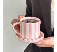 Shein 1 pieza Juego de taza y platillo de cerámica, taza de café a rayas minimalista, taza de diseño único de alta calidad, taza de café mediana, taza de té