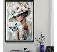 Shein 1 pieza Kit de pintura de diamantes romántica, taladro de diamante redondo completo con herramientas, que representa a una mujer con un sombrero de al