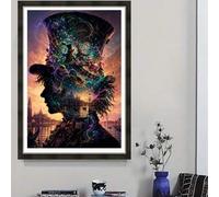 Shein 1 pieza Kit de pintura de diamantes, tema de fantasía de mundo maravilloso, escena de fiesta de té dentro de la silueta de un sombrero con fondo de ci