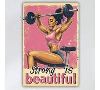 Shein 1 pieza "La fuerza es belleza" Letrero de metal vintage, ilustración plana 2D de levantamiento de pesas que empodera a la mujer, decoración de pared r