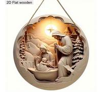 Shein 1 pieza Letrero de madera de la escena de la Natividad de Navidad 2D plano y redondo, adorno colgante decorativo festivo ideal para el árbol de Navida