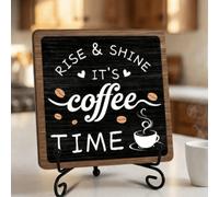 Shein 1 pieza Letrero de madera "Despierta, es hora del café", Letrero decorativo para barra de café con soporte, Decoración de mesa de cocina estilo rústic