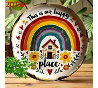 Shein 1 pieza Letrero de metal vintage interesante de 8"X8" redondo con diseño de "Este es nuestro lugar feliz", casa de arcoíris vibrante y decoración flor