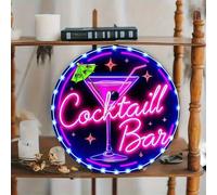Shein 1 pieza Letrero de neón 2D "Cocktail Bar" Placa de metal, diseño de copa de martini, decoración de arte redonda de 8 pulgadas, adecuada para fiesta de