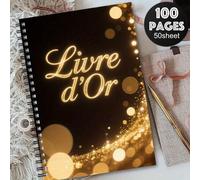 Shein 1 pieza Libro de visitas elegante de boda francesa con "Livre D'or" dorado - Cuaderno de espiral para boda, fiesta, aniversario - Libro de firmas recu