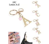 Shein 1 pieza Llavero elegante y premium con letra dorada, colgante 3D con alfabeto de la A a la Z, con dije de corazón rosa, llavero de aleación de moda, d