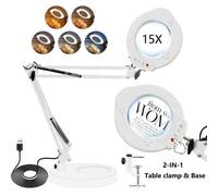 Shein 1 pieza Lupa de 15X con luz y soporte, 5 modos de color y 10 niveles de brillo, lámpara ampliadora con luz ajustable y pinza, 84 cuentas LED con lente