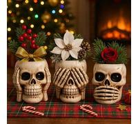 Shein 1 pieza Maceta de Navidad con calavera y manos de esqueleto - "No oigo, no veo, no hablo" Macetas de resina para centro de mesa festivo, decoración d