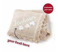 Shein 1 pieza Manta de bebé tejida bordada a mano con nombre personalizado, bordado floral, borde festoneado, mantas para envolver niños, regalo para baby s