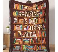 Shein 1 pieza Manta de felpa con eslogan gráfico de dibujos animados vintage "Esta es mi manta de lectura, estantería, ahora es hora de leer", suave y cálid