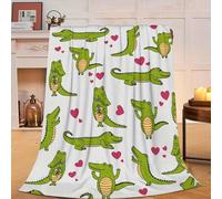 Shein 1 pieza Manta de felpa con estampado de caimán o cocodrilo - Edredón suave verde y rosa con caimanes y corazones, regalo acogedor para cama, adultos,