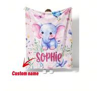 Shein 1 pieza Manta de franela con elefante y mariposa rosa personalizada - Ultra cálida, suave y acogedora manta de peluche con nombre incorporado Sophie -