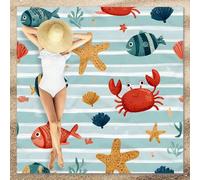 Shein 1 pieza Manta de playa extra grande de océano azul divertido, con patrón lindo de cangrejo, peces y estrellas de mar de dibujos animados, con base a r