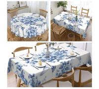 Shein 1 pieza Mantel con estampado de flor azul y pájaro, resistente al agua y al aceite, lavable, diseño impreso de poliéster, decoración para mesa de come