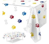Shein 1 pieza Mantel con estampado de huella de perro, Mantel de PE con patrón colorido de huella y hueso de perro, Mantel de decoración para fiesta de cump