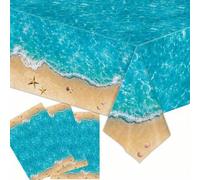 Shein 1 pieza Mantel con tema de playa de verano, mantel impreso a prueba de agua con diseño de olas y fiesta en la piscina, adecuado para fiestas hawaianas