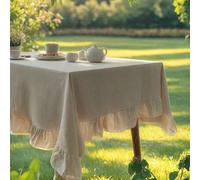 Shein 1 pieza Mantel de lino liso con dobladillo con volantes, estilo rústico vintage para cocina, mesa de comedor, mesa de café, mueble de TV, San Valentín